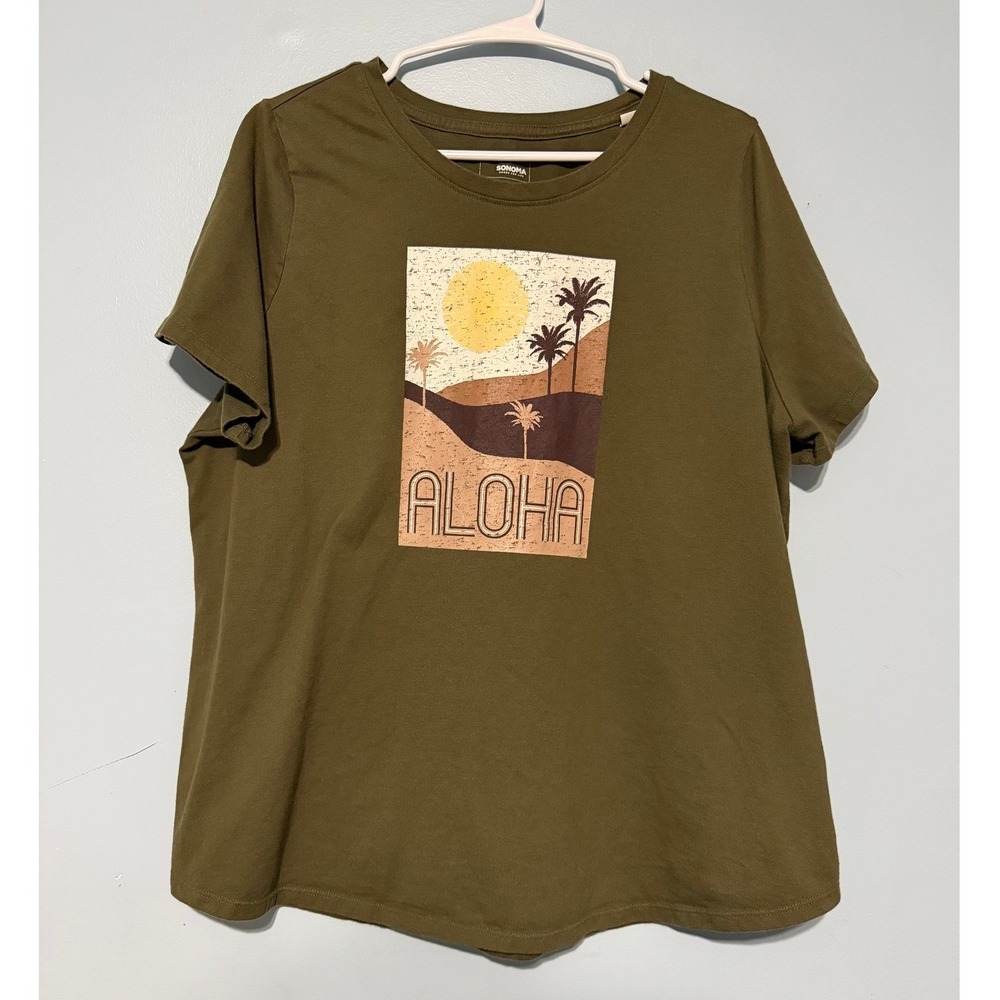 Sonoma Goods For‎ Life Women's 1X Aloha Graphic Tee Olive Green 1463